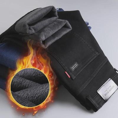 Men's Thick Black Velvet Elastic Jeans for Autumn and Winter