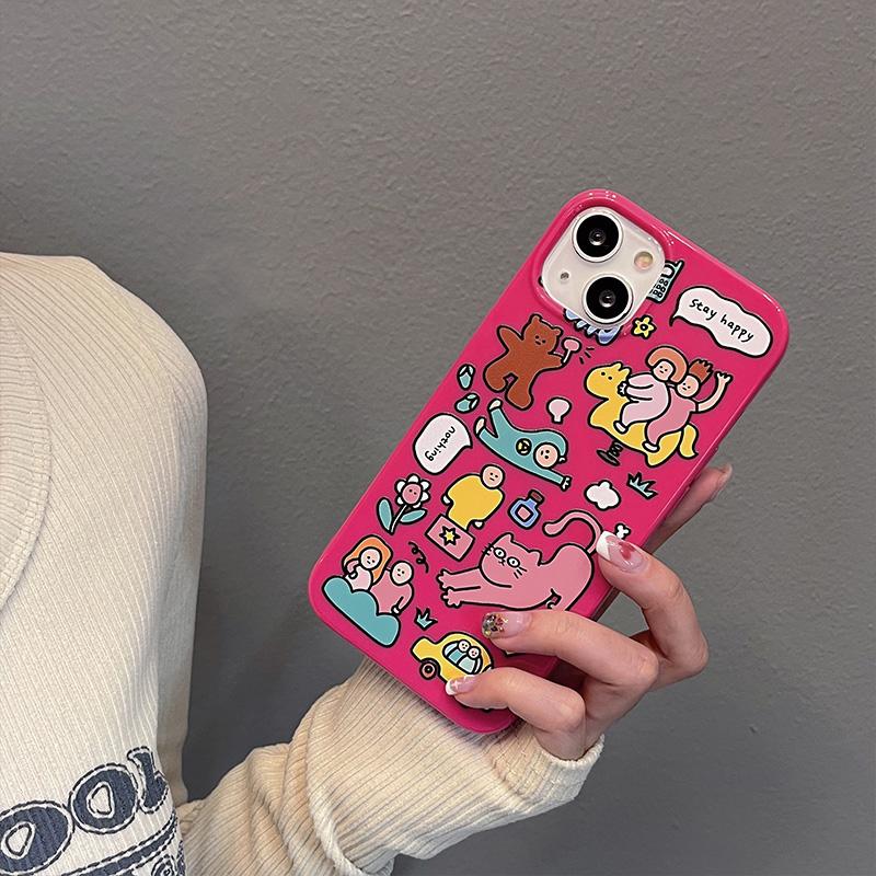Funny Pink Cartoon Graffiti Animals Telefonveske For Iphone 11 13 12 14 Pro Max Xs Xr X 8 7 Plus Se 12 13 Mini Soft Cover Bumper
