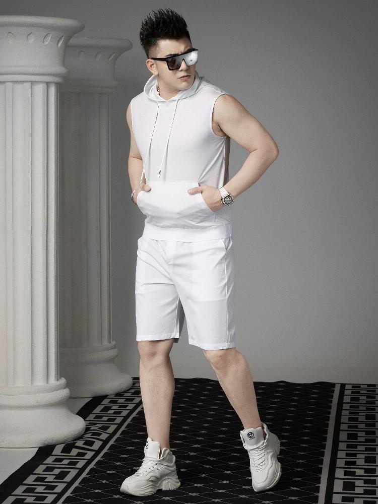 

European Goods Hood Vest Men s Sleeveless T-shirt Solid Leisure Set 2025 Summer New Sports Five Points Shorts XL чёрный