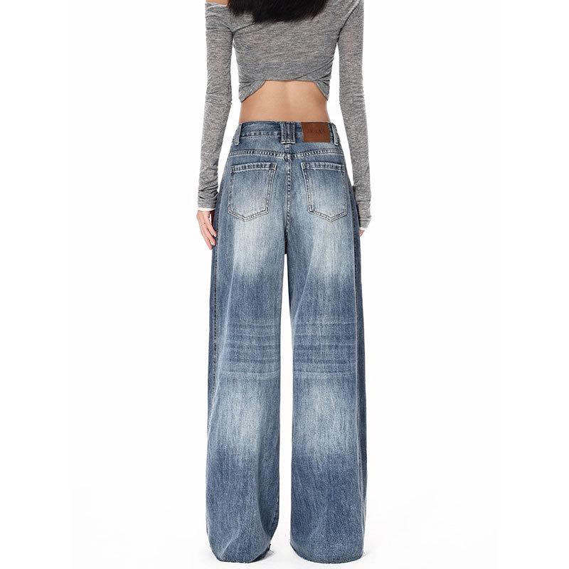 2025 Plus Size Retro Blue Wide-Leg High-Waisted Jeans for Women