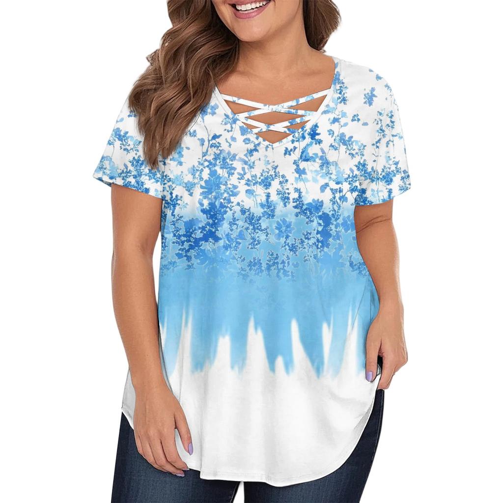 Women's Fashion Casual Printed V-Neck Short Sleeve Large Size T-Shirt Top