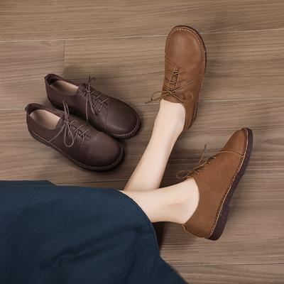 Fashion Autumn New Original Handmade Leather Women's Shoes Wenyi Sen Women's Round Toe Lace-up Flat Retro Single Shoes Retro Cowhide