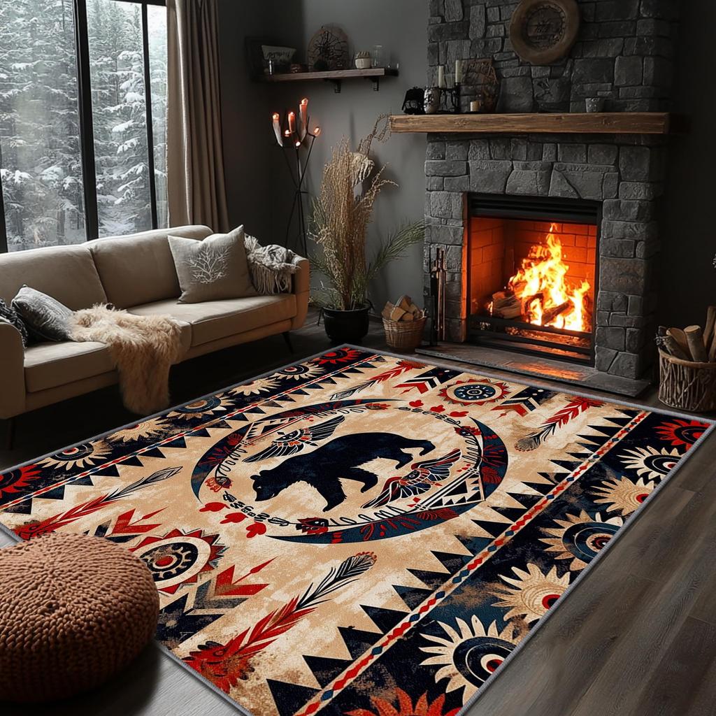 Southwestern Aztec Star Print Area Rug, Turquoise & Orange Tribal Design Non-Slip Floor Mat for Living Room Bedroom Home Decor