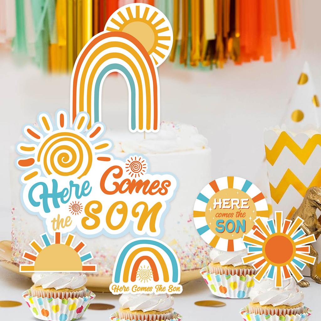 6pcs Here Comes The Sun Cake Topper Yellow Orange Blue Balls Cake Topper Here Comes The Son Baby Shower Boho Cake Decoration