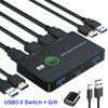 Caja Selectora KVM USB USB3.0 2.0 Selector Compatible con HDMI 2 Puertos Compartiendo 2 Dispositivos para Monitor de PC Teclado Ratón Divisor de Cable