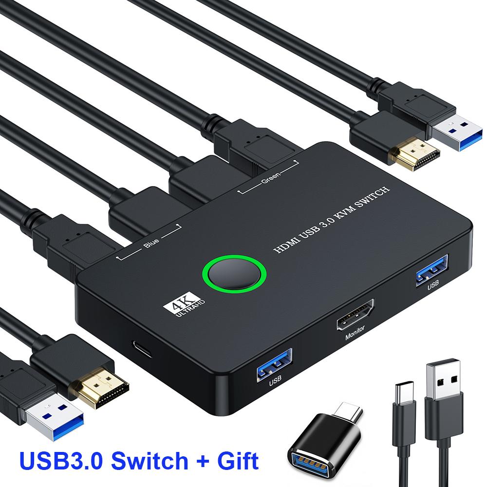 Caja Selectora KVM USB USB3.0 2.0 Selector Compatible con HDMI 2 Puertos Compartiendo 2 Dispositivos para Monitor de PC Teclado Ratón Divisor de Cable