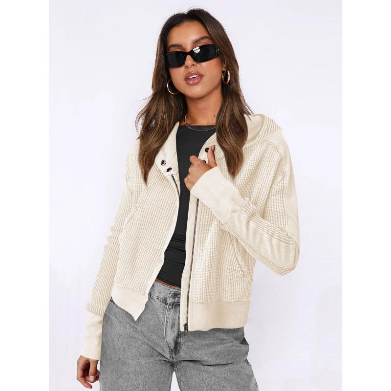 Jacket Patchwork Sweatshirt Women's Hooded Sweatshirt Slouchy Style Zipper Hoodie Short Knitwear