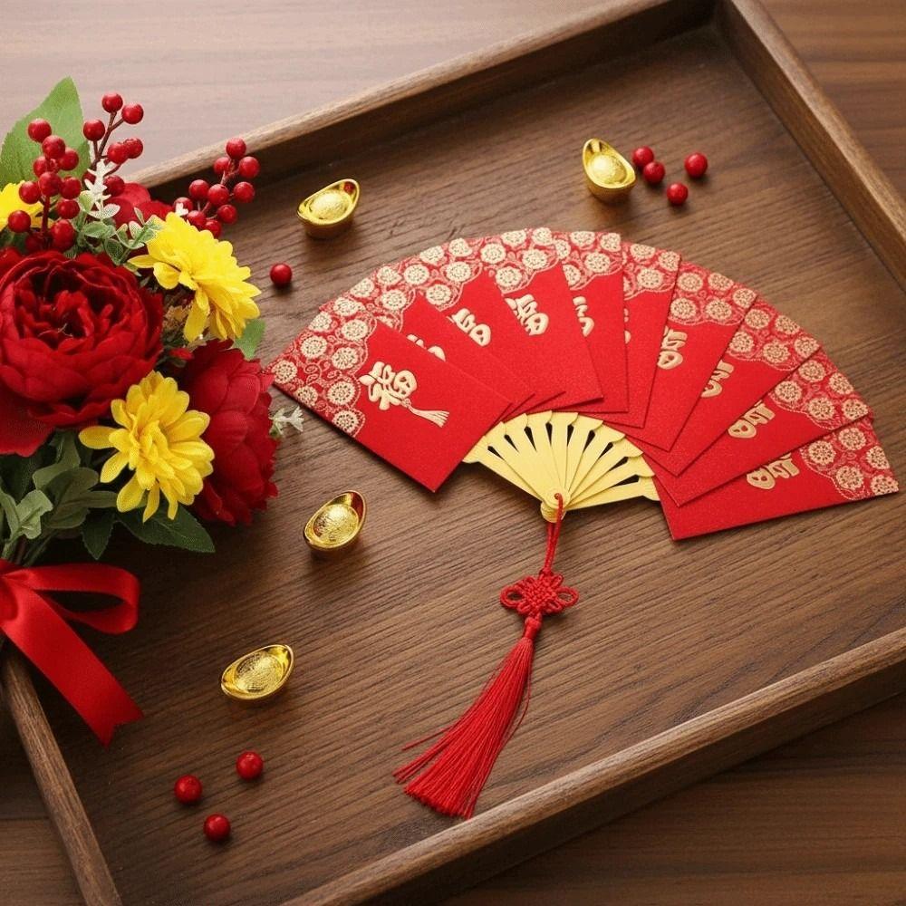 Traditional Fan Design Red Envelope with Chinese Knot Tassel Spring Festival Red Wallet Blessing Thickened Lucky Money Packet