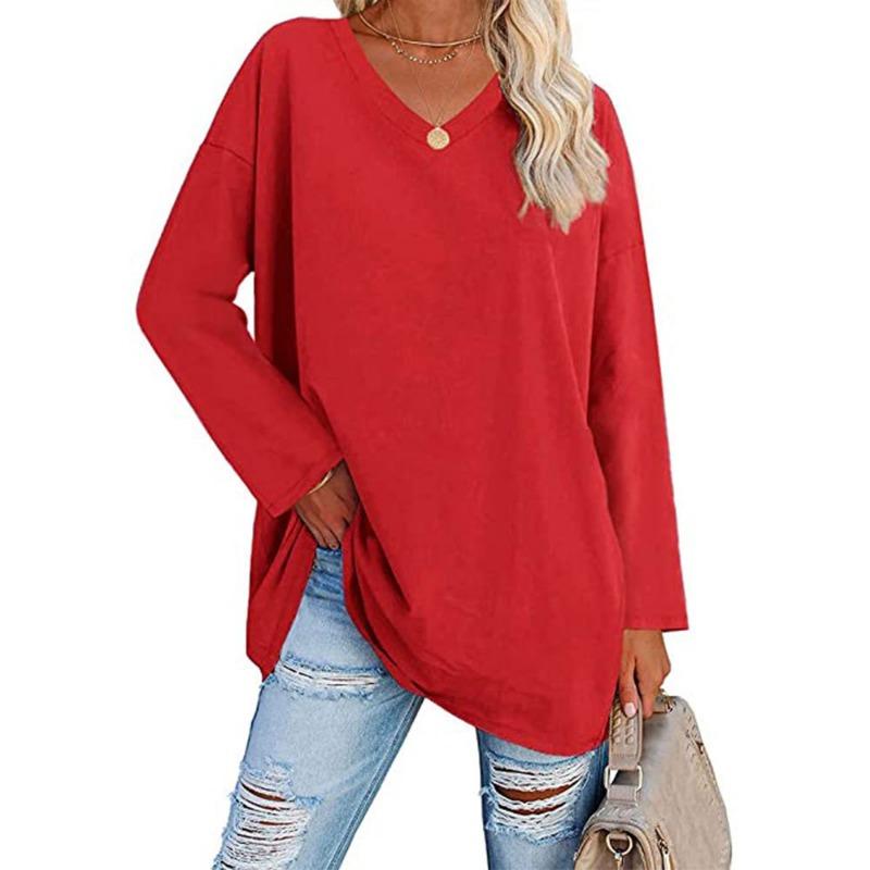 European and American oversized women's t-shirt, new multi-color loose drop-sleeved V-neck solid color women's blouse