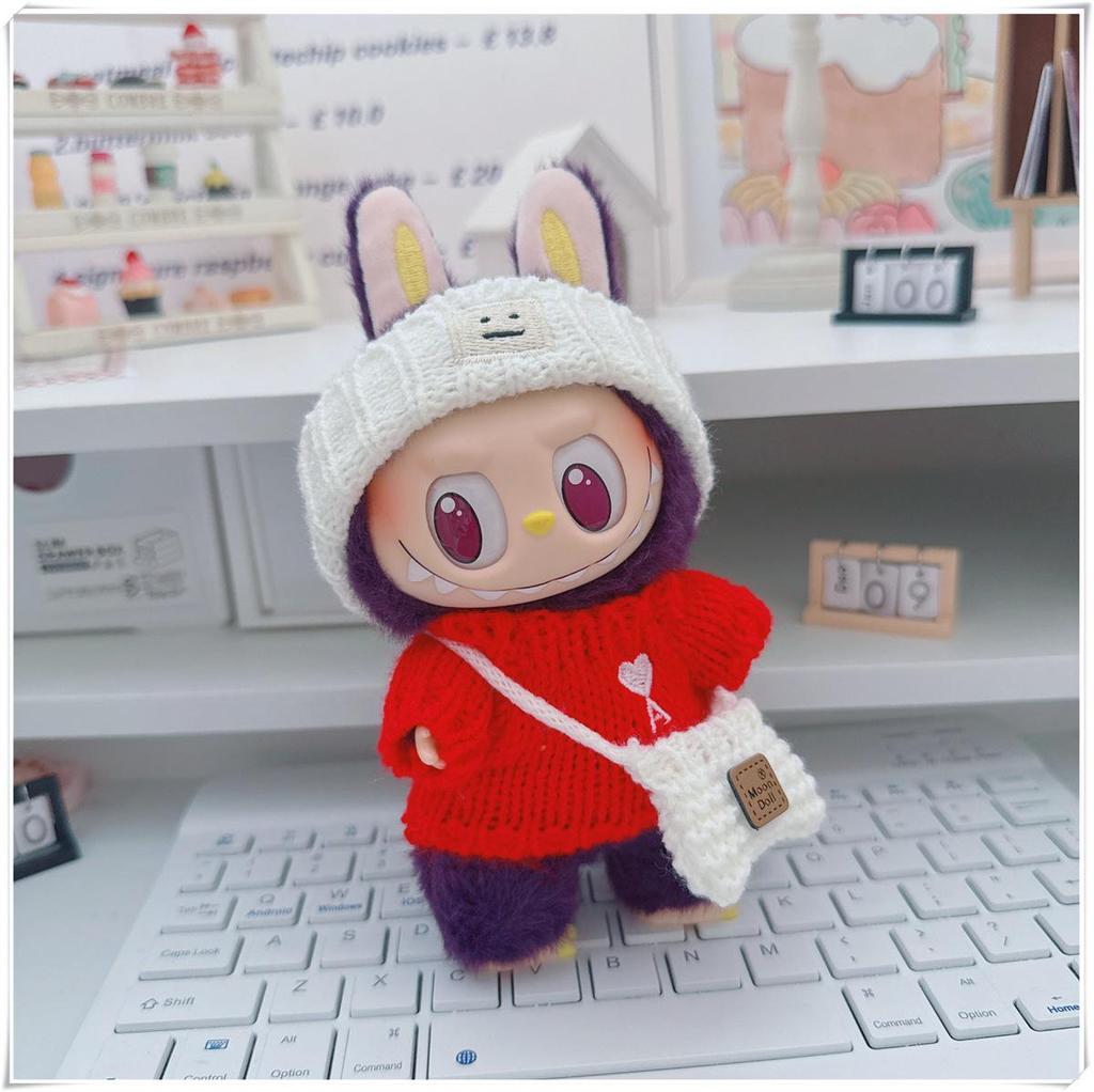 17cm Labubu Doll Clothes Set: Heart Sweater, Hat, Crossbody Bag - First & Second Generation.