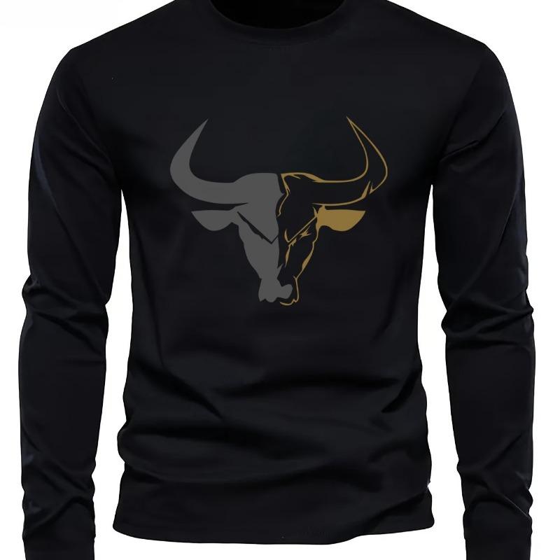 Men's Loose Fit Plus Size Comfortable Casual Sports Bull Pattern Printed Round Neck Long Sleeved T-shirt Top
