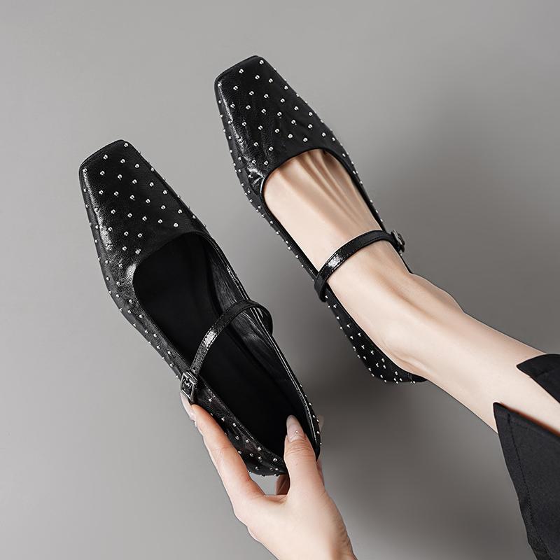 Fashion Retro Rivet One Buckle Mary Jane Shoes 2025 Summer New Square Toe Shallow Mouth Low Heel Single Shoes for Women