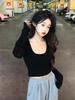 Autumn new pure desire Spice Girl big U-neck thin slim short white long-sleeved T-shirt top women's fashion