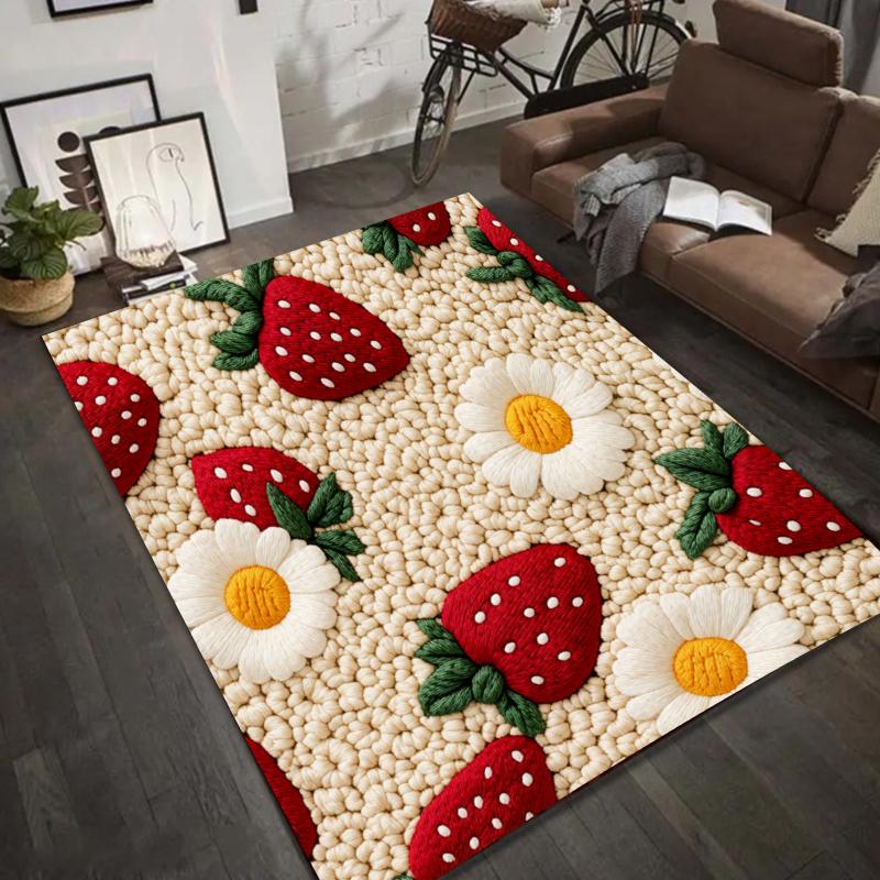 3D Strawberry Daisy Rug Cute Textured Bedroom Rug Entryway Doormat Non Slip Soft Easy Clean Durable Kawaii Home Decor Carpet