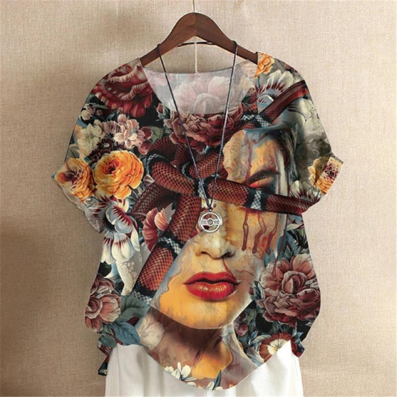Oil Painting Y2k Girls Digital 3D Print Summer Fashion Women T-shirt Short Sleeve Everyday T-shirt Harajuku Vintage Pullover