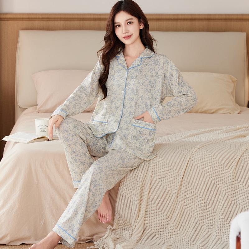 Spring and Autumn New Floral Double Pocket Imitation Cotton Pajamas Loose Large Size Mother Loungewear Long Sleeves Trousers Set