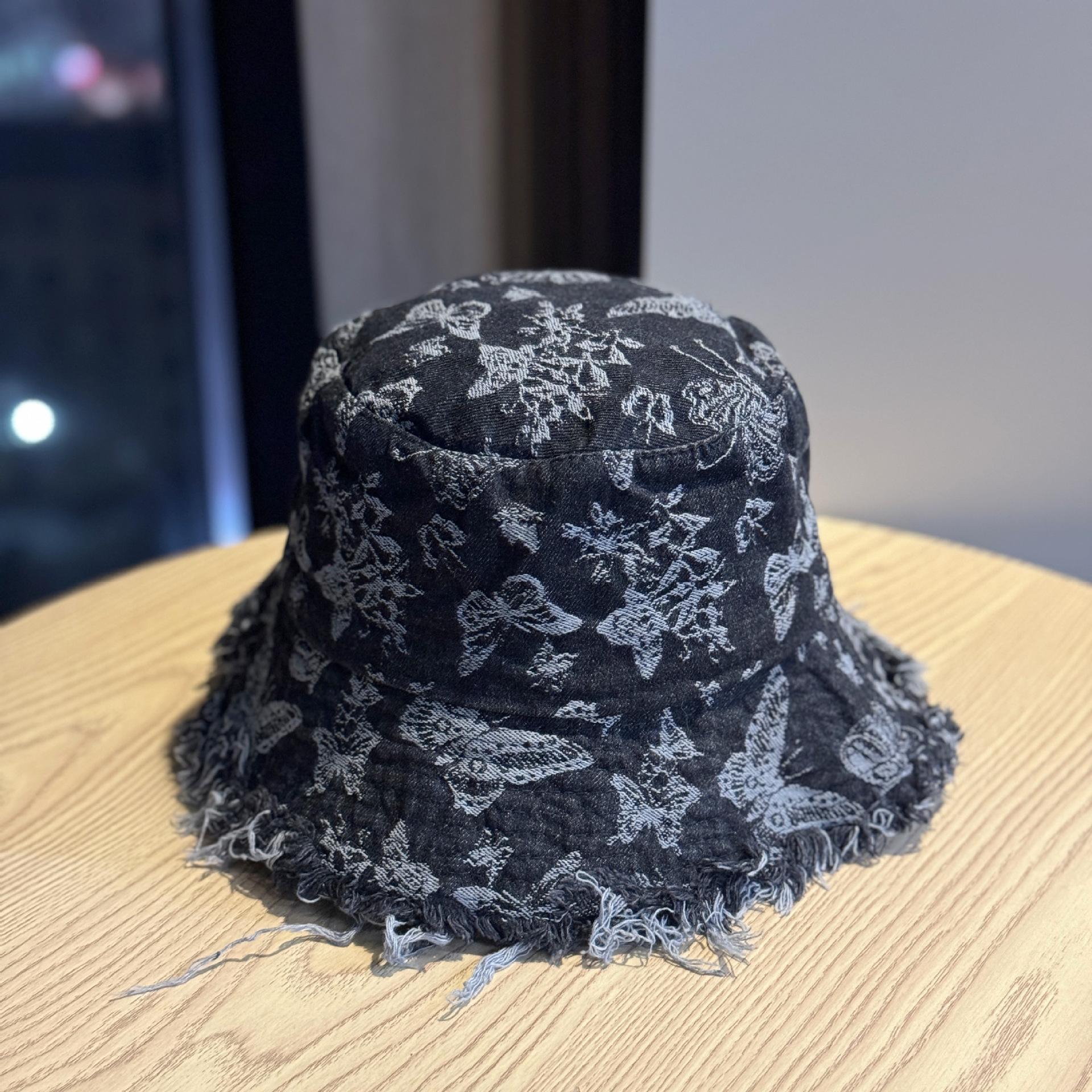 

Japanese-style women s fashion woven bow denim bucket hat, washed, sun-blocking, sun-protective, suitable for travel and street fashion, with frayed Adult54-60Adjustable чёрный