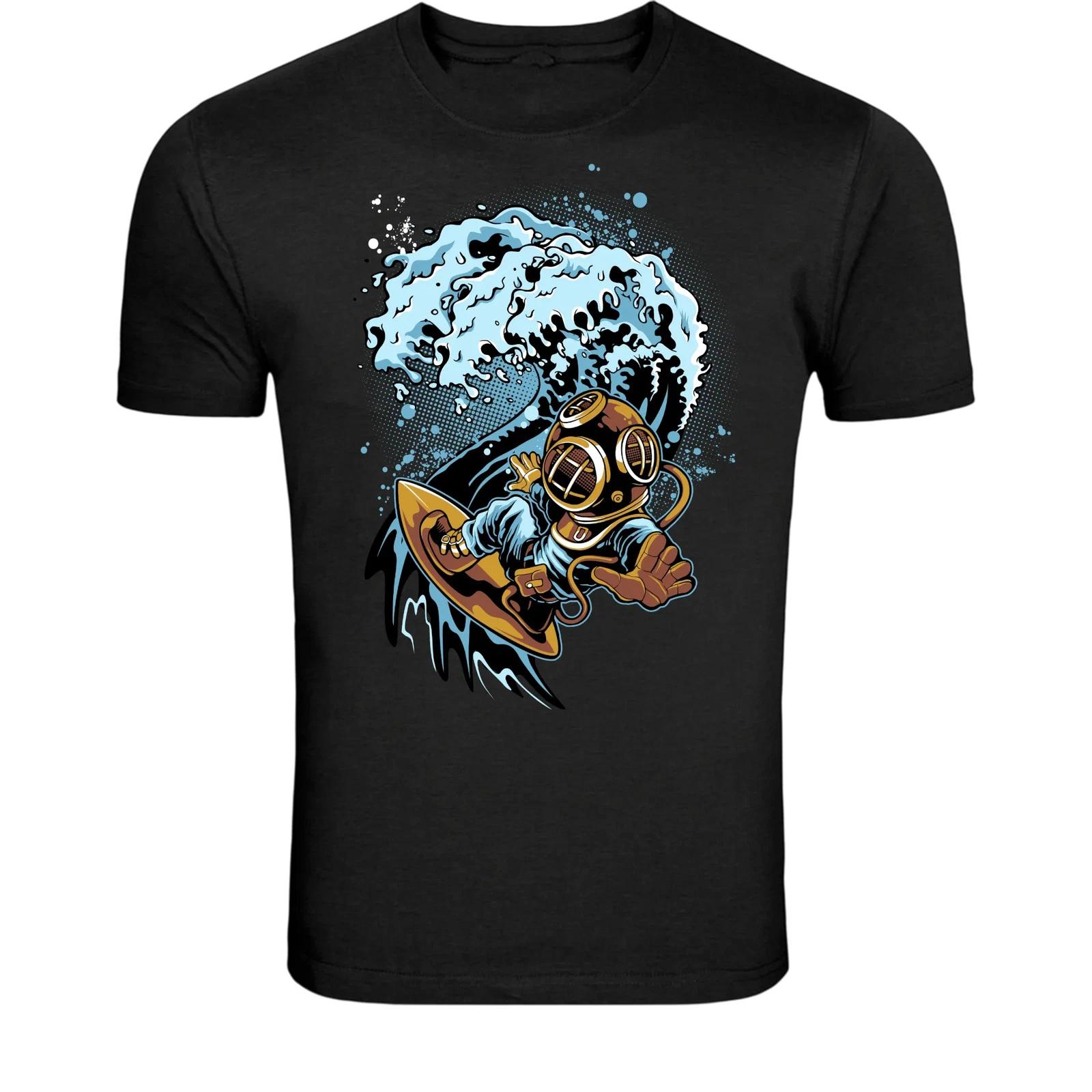 Vintage Deep Sea Diver Surfing Wave T-Shirt - Retro Ocean Surf XL