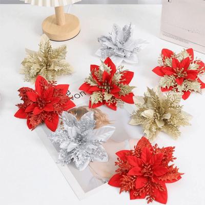 10 Stück künstliche Blumen für den Weihnachtsbaum, Glitzer-Weihnachtssternblumen mit Clips, Glitzer-Weihnachtsbaumschmuck