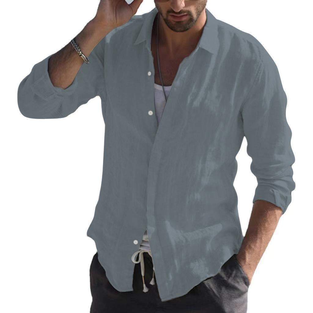 Camisa informal de algodón de manga larga de color liso para hombre de estilo europeo y americano - Envío gratuito