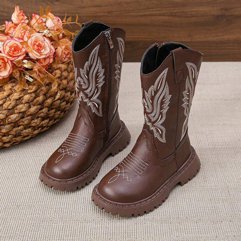 Children Leather Boots Classic Cowboy Embroidery Girls Long Booties Kids Winter Round Toe Soft Snow Shoes Fashion Snow Boots