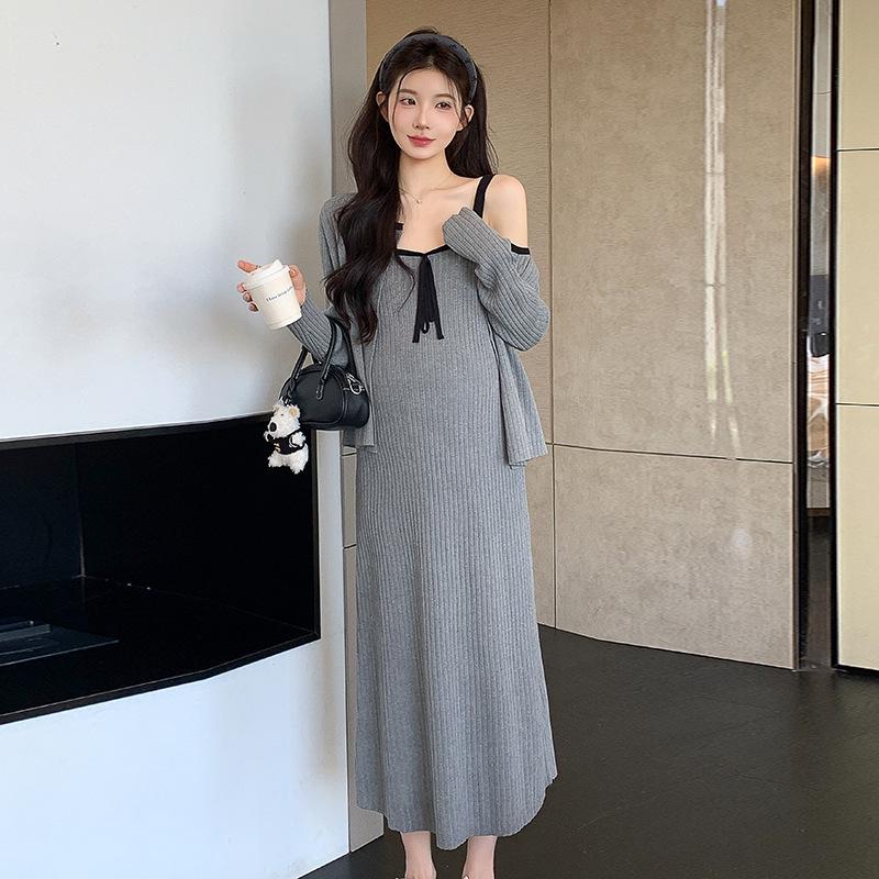 Spring 2026 Korean Style Maternity Knit Cardigan & Dress Set L