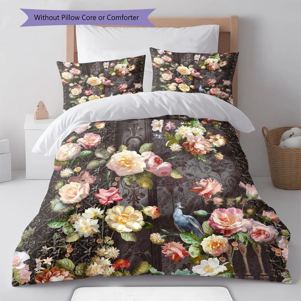 Vintage Floral Bird Pattern Bedding Quilt Set Quilt Cover Pillowcase Home Decoration Gift (1 * duvet cover + 2 * pillowcase, without core)