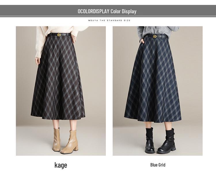 Women's High-Waist Woolen Plaid A-Line Skirt - Autumn/Winter 2025 Collection