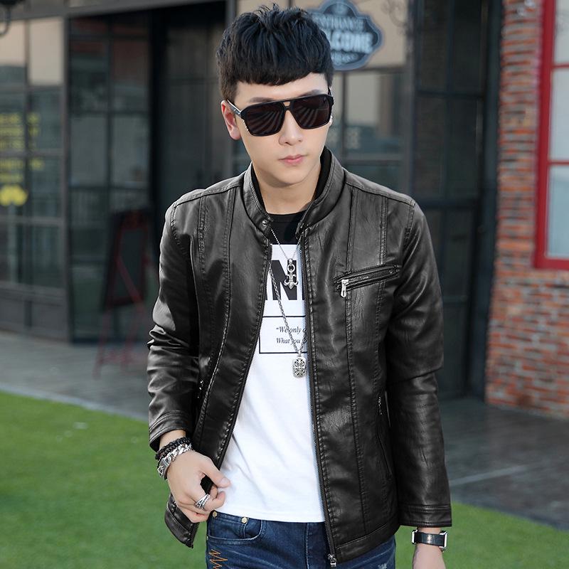 Spring youth straight hem red unhooded stand-up collar casual zipper digging bag autumn zipper leather jacket