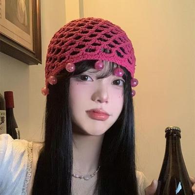 Pearl Fringed Crochet Hat Hollowed Out Beret Cap Breathable Beanies Cap  Bride Headpiece