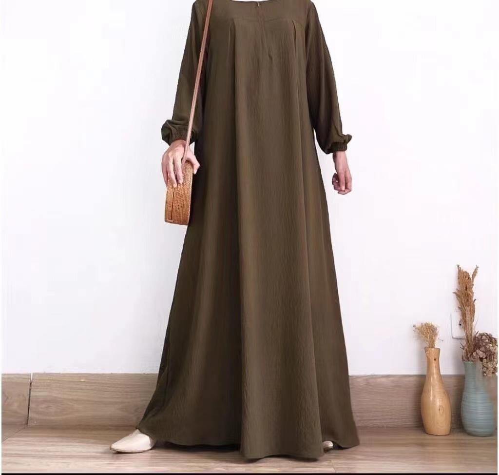 2024 Women's Solid Color Long Sleeve Muslim Dress with Zipper Placket & Elastic Cuffs