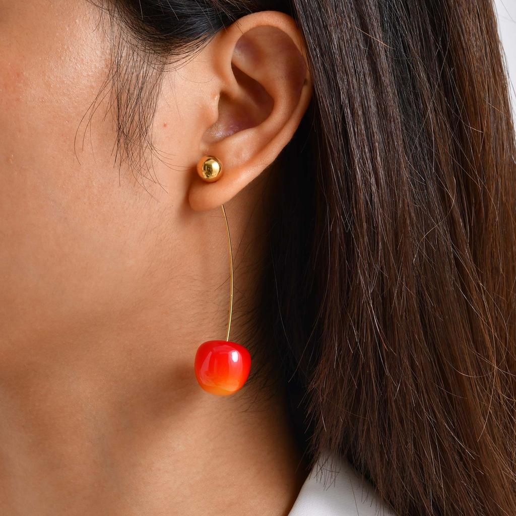 Chic Solid Beads Cherry Earrings for Women,Gold Plated Stainless Steel Earrings,Trendy Party Jewelry Mother's Day Gift