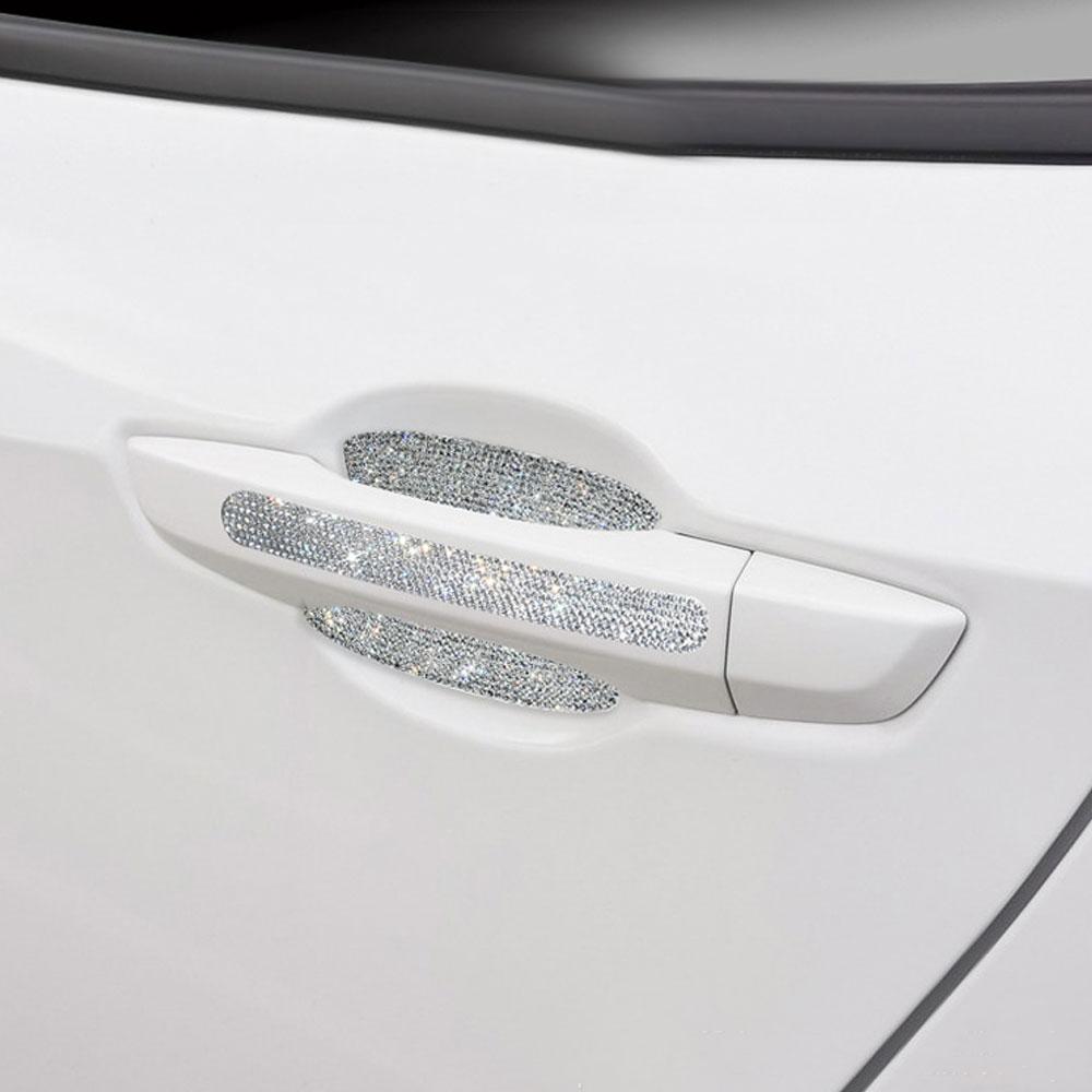 8Pcs Universal Car Door Handle Sticker Decal Warning Diamond Auto Strip Driving Safety Bling Car Exterior Sticker Accessories