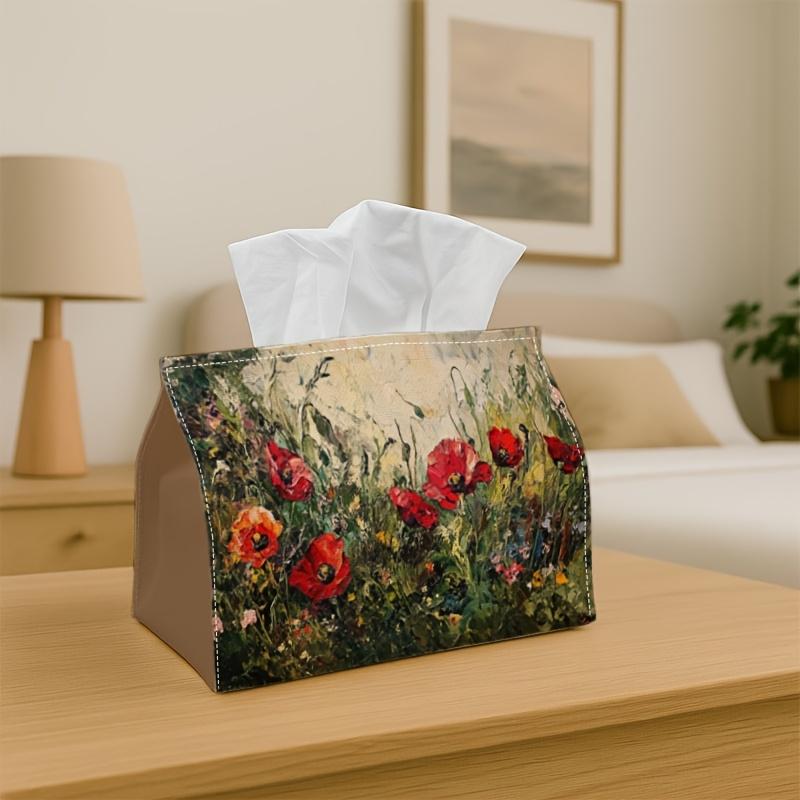 1pc Red Poppy Field Painting Tissue Box - Multi-functional Napkin Dispenser, Made of Durable Polyester, Decorated with Expressive Floral Landscape, Su