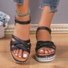 New cross-buckle rhinestone women's hemp rope muffin thick-soled square head sandals