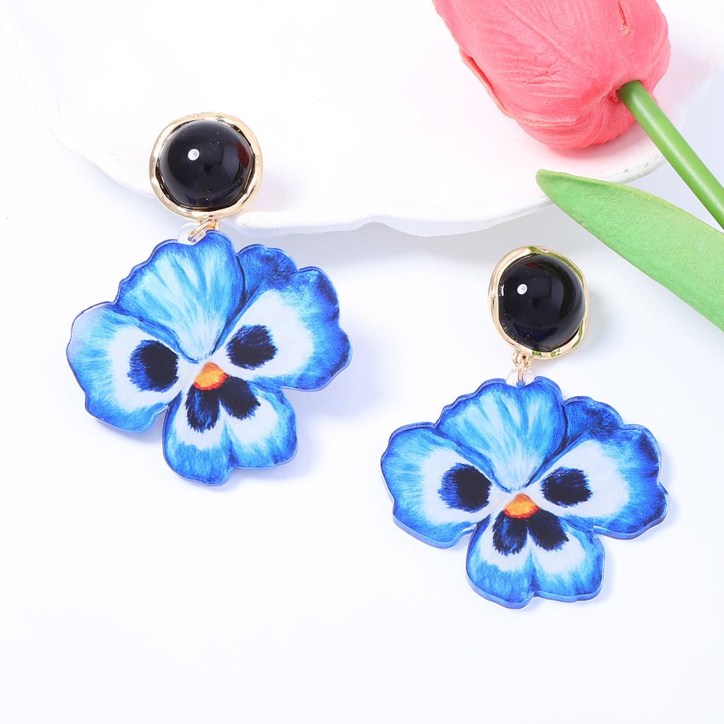 Retro literary design blue pansy flower pendant black bead metal splicing design sense stud earrings women