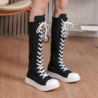 Plus Size Women’s High-Top Canvas Shoes, Knee-High Lace-Up Boots with Side Zipper – Spring 2025 Collection.