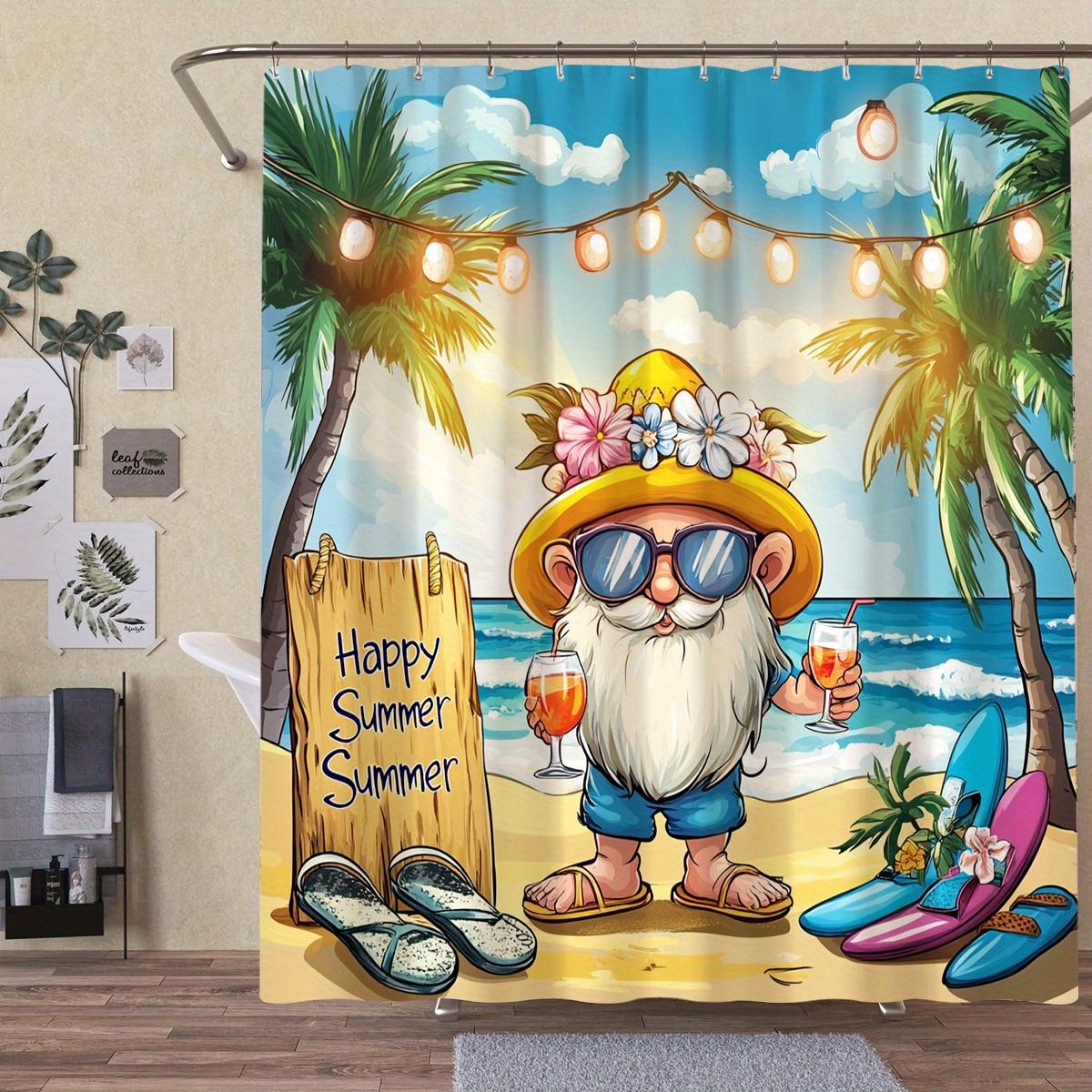 

1 Pack Polyester Cartoon Beach Gnome Shower Curtain, Vibrant Summer Theme Digital Print, Perfect Home Decor For All Seasons W60H190(CM)-1 Pcs
