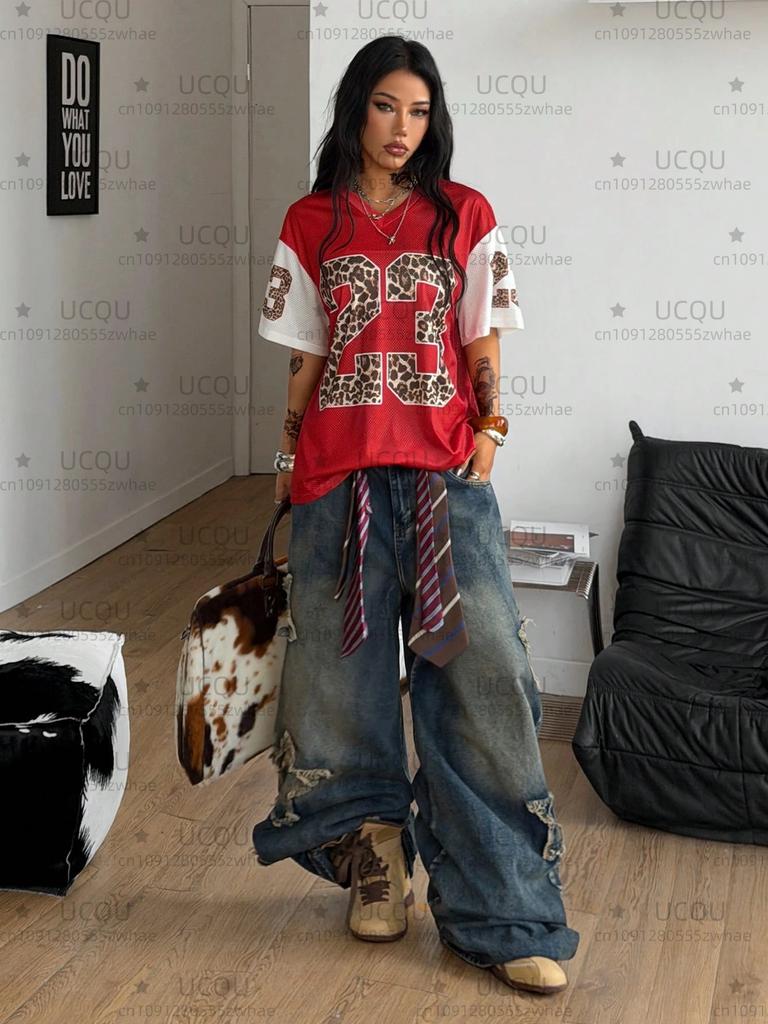 Summer Casual Contrasting Mesh Women's Leopard Print Letter Print Street Simple And Fashionable Football Uniform Y2K T-shirt