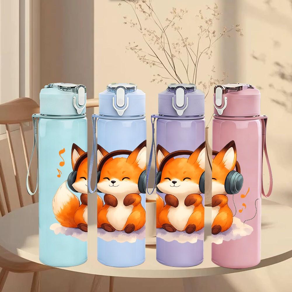 1PC Headphone Wearing Fox 750ml Color Plastic Sports Water Bottle Leakproof Flip Straw Lid Suitable for Sports Office Home Use