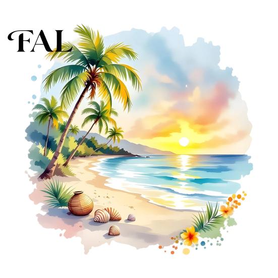 Arte da Parete Scena Balneare per Soggiorno Tramonto Palma Costa Adesivo, Adesivo Paesaggio Estivo Acquerello, Adesivo Cocco Camera da Letto Tropicale per Bambini