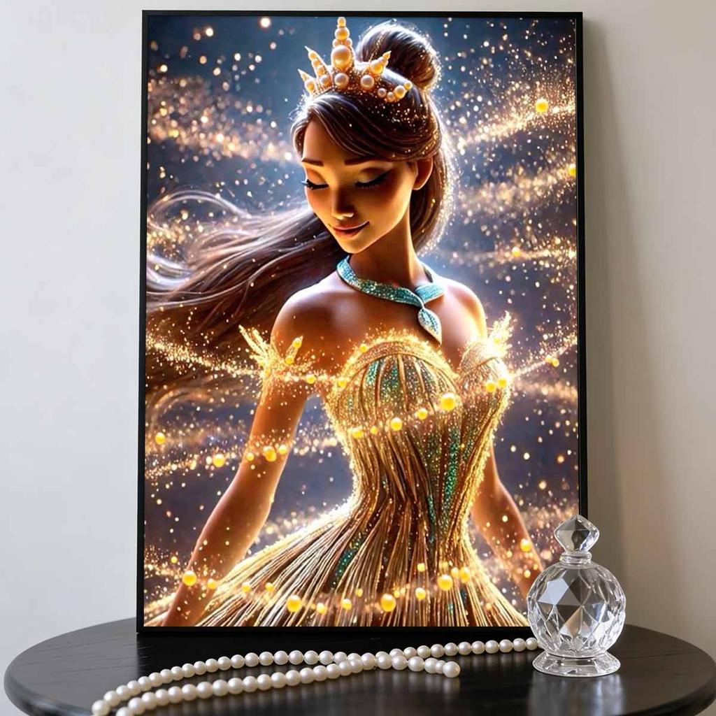Disney Princess and The Frog Princess Tiana Golden Crown Pearl Painting Starlight Gold Glowing Dress Emerald Necklace Theme Unframed Art Painting