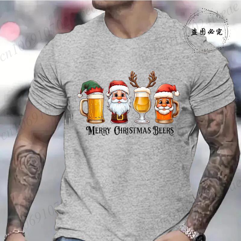 Cotton Funny Christmas Drinking T-Shirt  Merry Christmas Santa Beer Print T-Shirt Men Fashion Casual Short Sleeves Breathable Tshirt Tees Tops