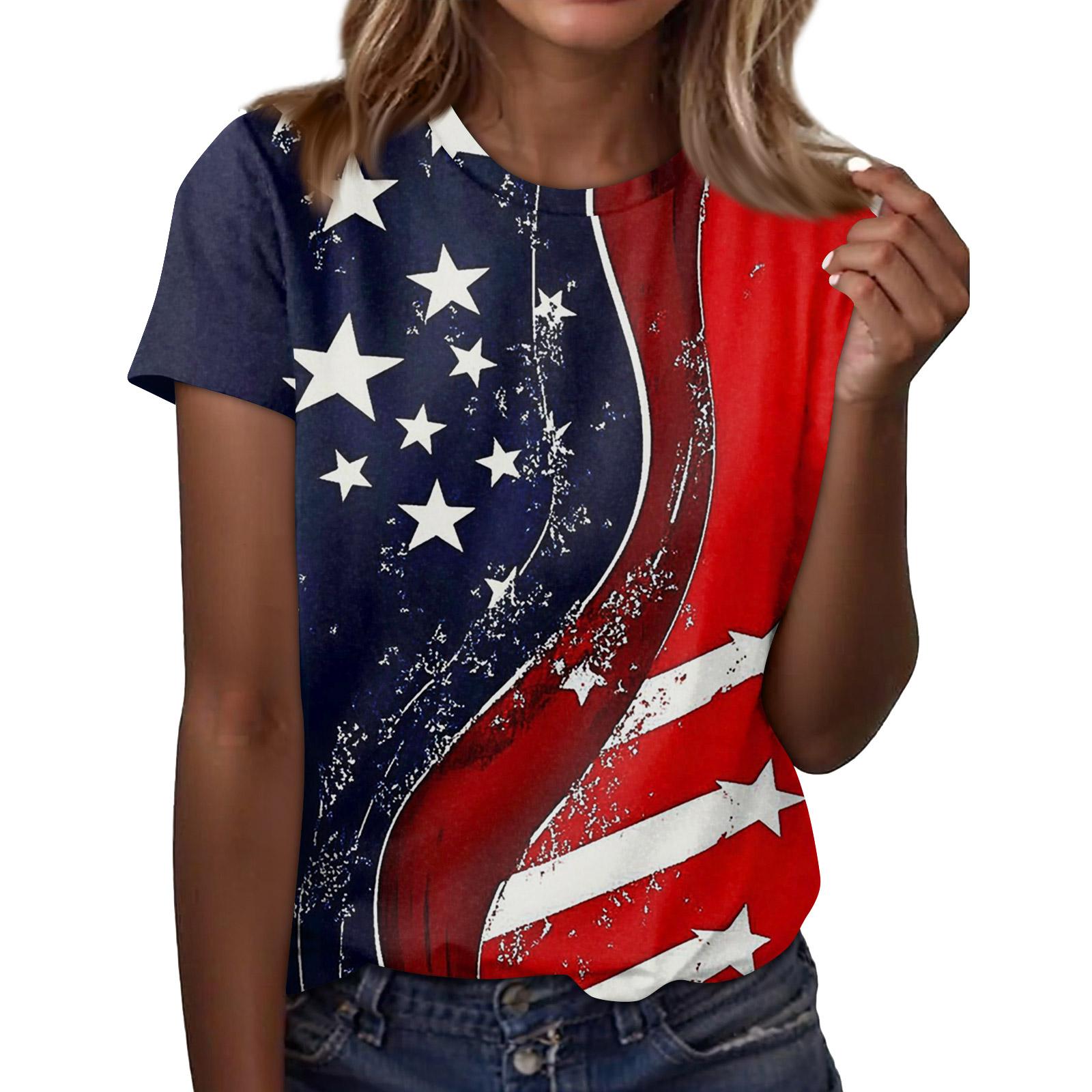 

Women s Round Neck Independence Day Print Lightweight Spring/Summer Top M тёмно-синий