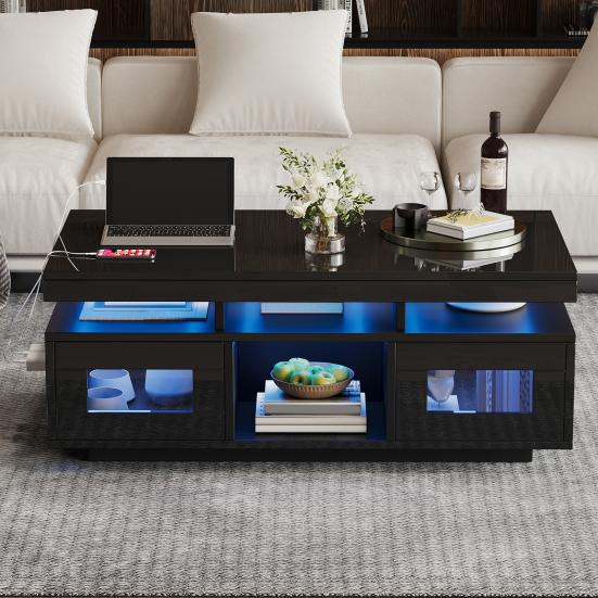 Sofa Table 100x50x43cm Black High-Gloss Coffee Table, with LED Lights Controllable, Mobile App, Living Room Center Cabinet, Charging Port And