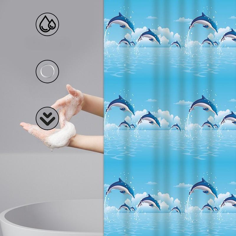 Shower Curtains Cartoon Dolphin Print Waterproof Bathroom Curtain Quick Dry Blue Children Curtain For Toilet With Hooks 200Cm