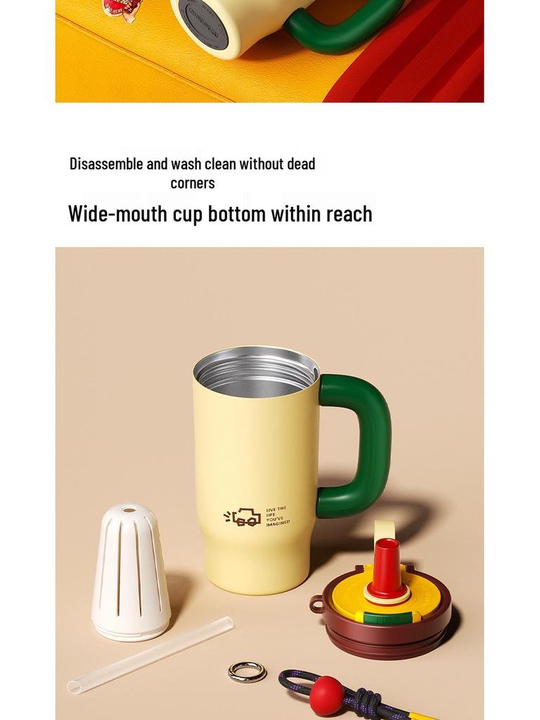 Izolowany kubek Overlord ze stali nierdzewnej z uchwytem i słomką - Duża pojemność, idealny do użytku na zewnątrz i w samochodzie.