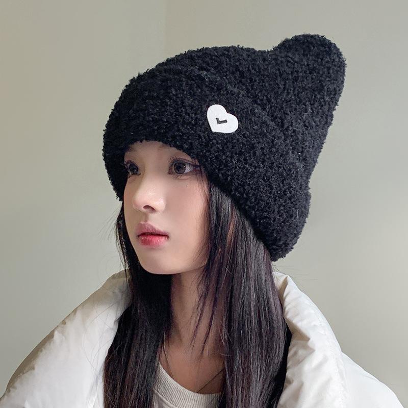 Cute Plush Bear Ears Woolen Hat for Women Autumn and Winter Love Pullover Cold Hat Versatile Warm Ear Protection Knitted Hat