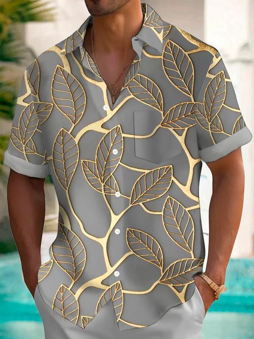 2026 Hawaiian Botanical Gold Leaf Print Men s Button Shirt Summer Turndown Short Sleeve Fashion Street S