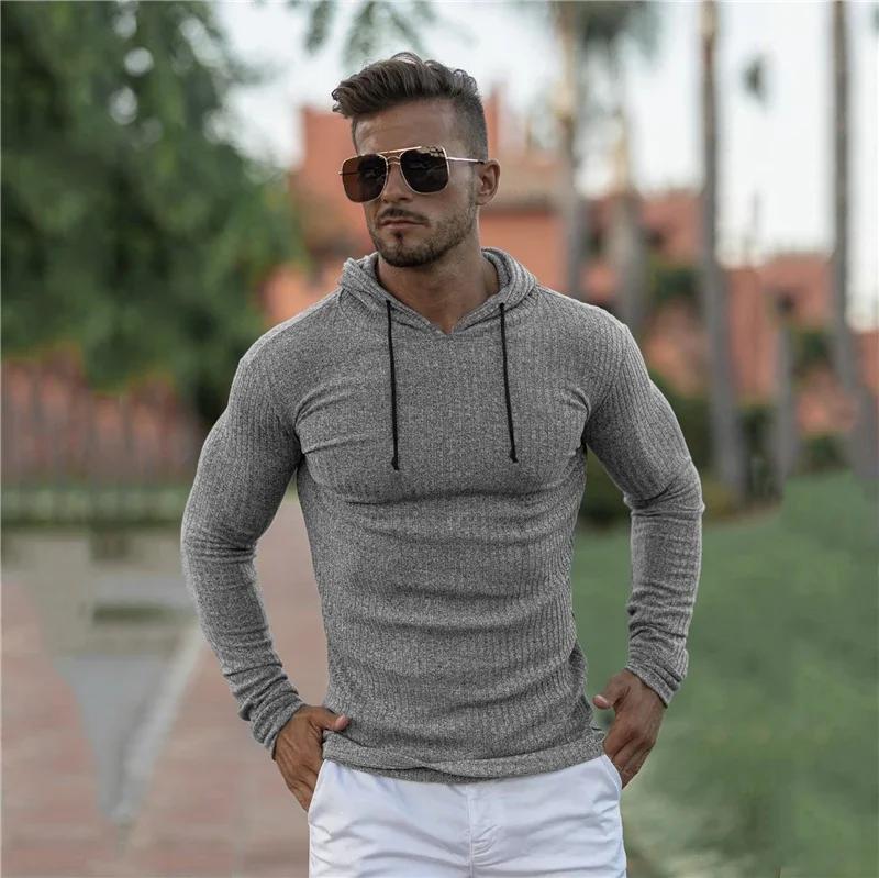 Muscleguys Spring Autumn Mens Running Hooded T-shirts Thin Knitted Sports Sweaters Classic Pit Strip Slim Fit Gym Fitness Pullover T Shirts